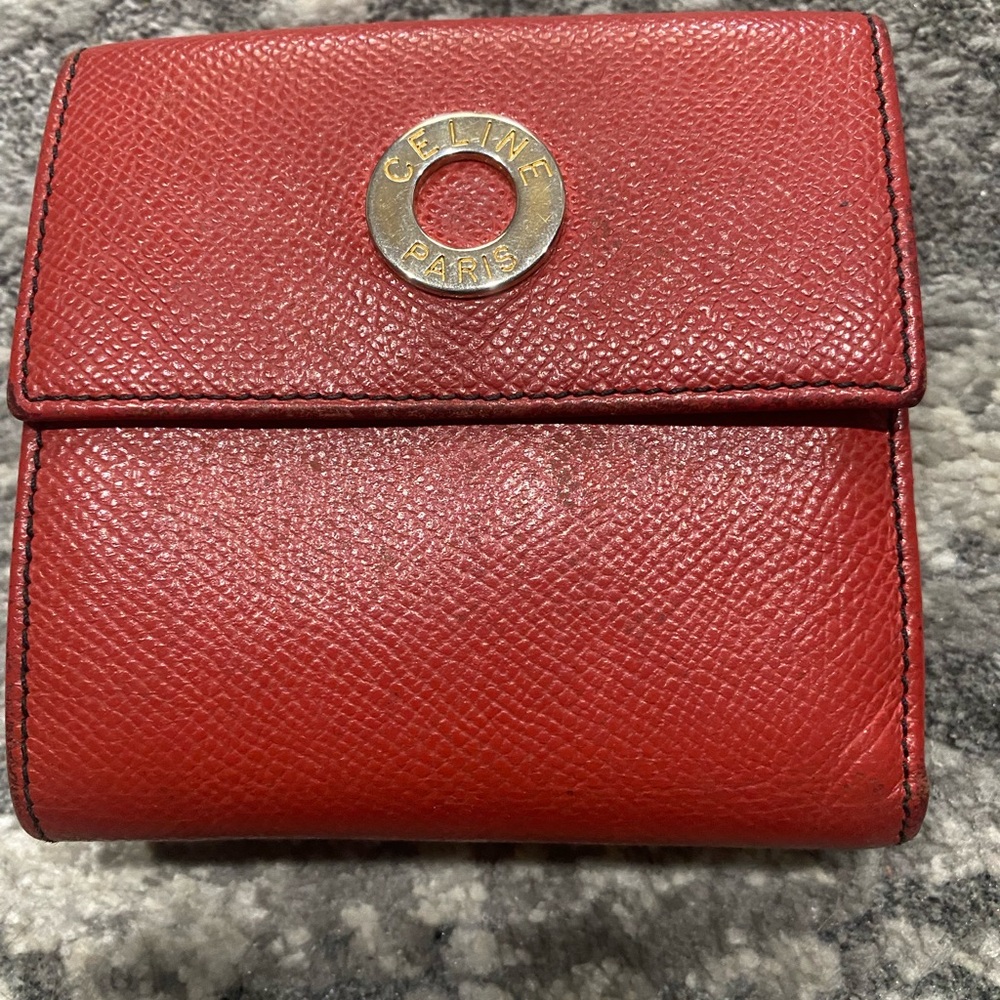 Celine Red Leather Wallet with Gold Detail